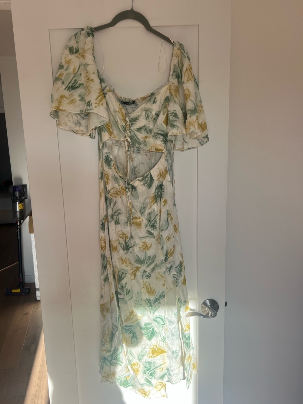 Zara White Maxi Dress with Green & Yellow Floral Print